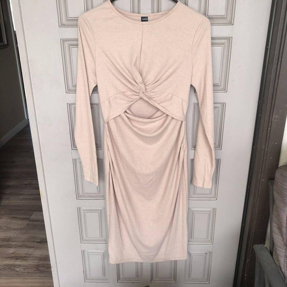 Shein Dress Sz6 Ribbed Knit Cutout Waist Long Sleeves Beige Midi NWOT